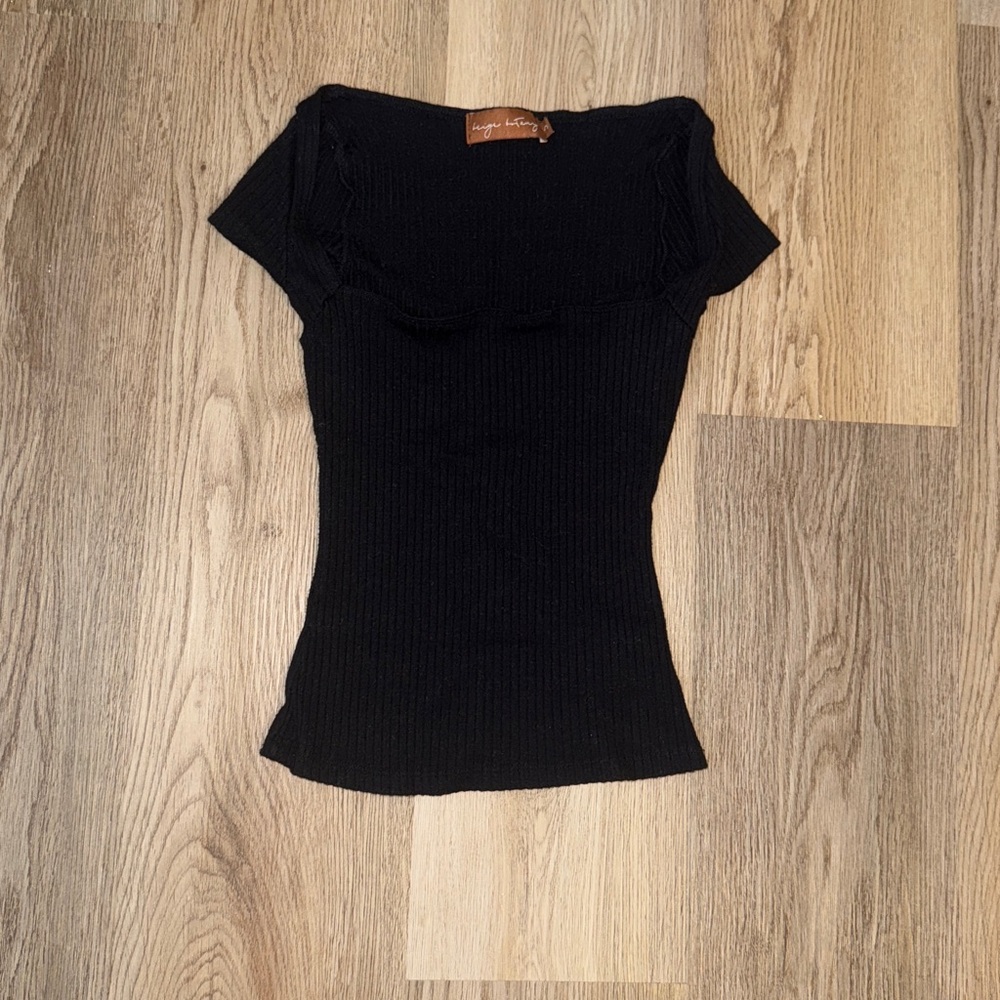 beige botany black square neck top size small